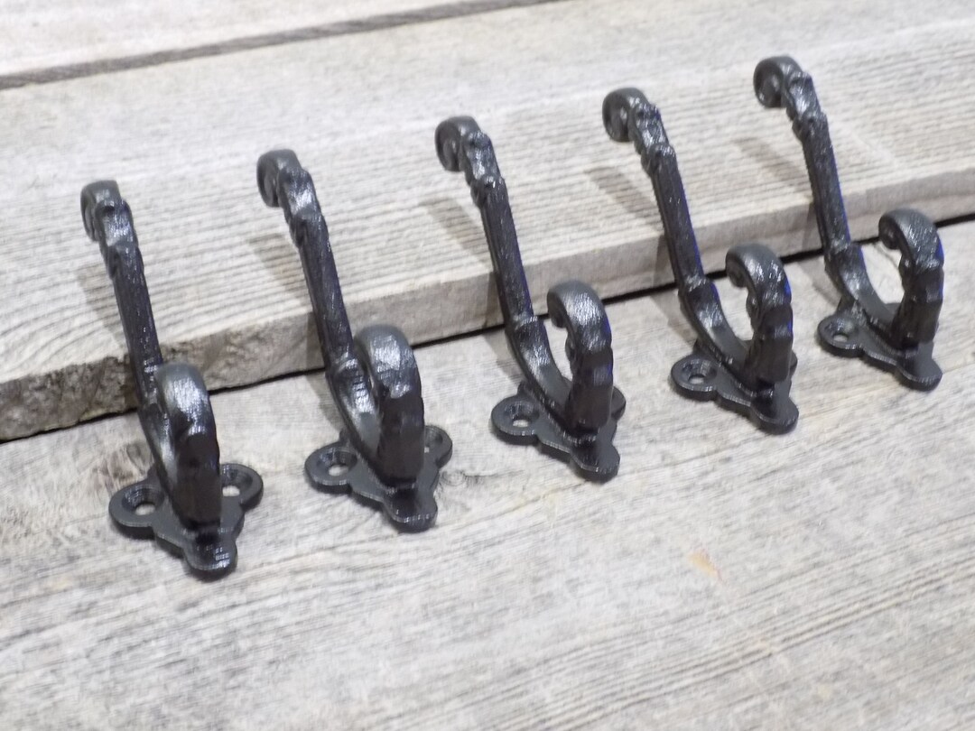 5 BLACK Iron Coat Hooks Antique Vintage Look Hook Hall Tree Restoration