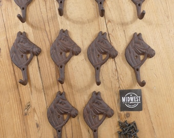 10 Cast Iron Horse Head Hooks, Entryway Hook, Hall Tree Hook, Horse Decor, Tack Hook, Towel Hooks - By Midwest Craft House