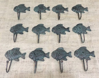 12 Cast Iron FISH Hooks, Coat Hooks, Hat, Towel, Sunfish, Nautical, Fishing Home Decor