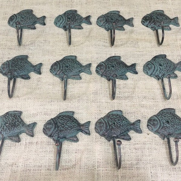 12 Cast Iron FISH Hooks, Coat Hooks, Hat, Towel, Sunfish, Nautical, Fishing Home Decor