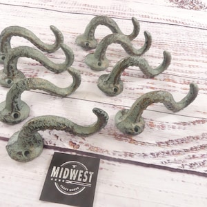 8 Cast Iron Octopus Tentacle Wall Hooks Bathroom Towel Hook Nautical Coat Sea Ocean Kitchen Cabin - By Midwest Craft House