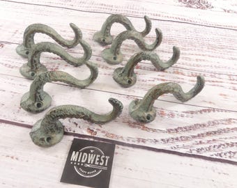 8 Cast Iron Octopus Tentacle Wall Hooks Bathroom Towel Hook Nautical Coat Sea Ocean Kitchen Cabin - By Midwest Craft House