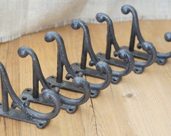 6 Brown Rustic Coat Hooks Cast Iron Antique Style New Made To Look Vintage 4.5" Wall Double Restoration Vine Ornate Victorian Brown