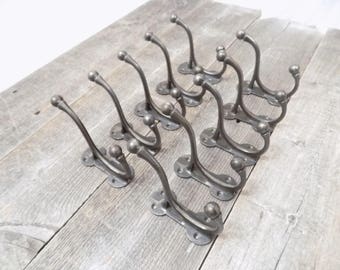 10 Iron Coat Hat Hooks Antique Style New Made To Look Vintage 3 3/4" Wall Double Restoration Vine Ornate Victorian Organization
