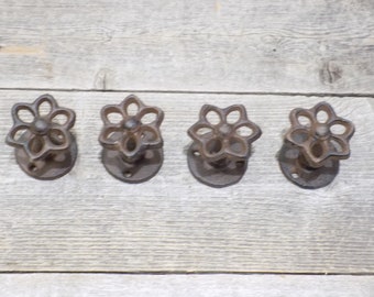 4 Cast Iron Knobs, Faucet Look, Drawer Pull, Flower, Hydrant, Rustic Brown Color, Coat Hooks, Hat Rack, Door Knob