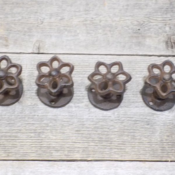 4 Cast Iron Knobs, Faucet Look, Drawer Pull, Flower, Hydrant, Rustic Brown Color, Coat Hooks, Hat Rack, Door Knob