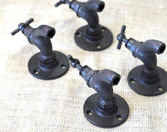 4 Cast Iron Faucet Hooks, Coat Hooks, Spigot, Unique, Wall Mounted, Hydrant, Fountain, Garden Decor, Bath Hooks, Towel Hooks