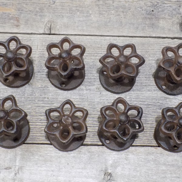 8 Cast Iron Knobs, Faucet Look, Drawer Pull, Flower, Hydrant, Rustic Brown Color, Coat Hooks, Hat Rack, Door Knob