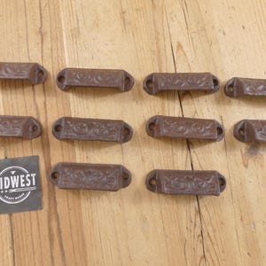 10 Ornate Cast Iron Drawer Pulls: Rustic Brown Bin Handles
