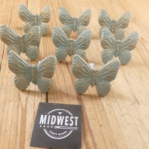 Set Of 8 Rustic Distressed BUTTERFLY Knob - Green And Gold -Drawer Pull - Cabinet - Cast Iron ~ Knobs - Garden - By Midwest Craft House