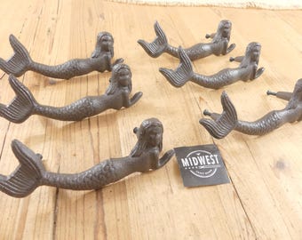 6 Cast Iron NAUTICAL MERMAID Drawer Pulls, Door Handles, Gate Pulls, Shed Handle, Cabinet Handles - By Midwest Craft House