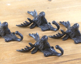 4 Moose Hooks, Coat Hooks, Hat Hook, Rustic Cast Iron, Elk, Deer, Hall Tree Hooks