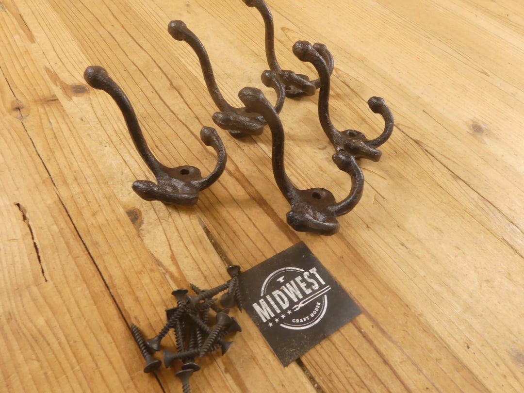 5 Cast Iron Double Hooks – Rustic Wall Coat Hooks – Farmhouse Hardware ...