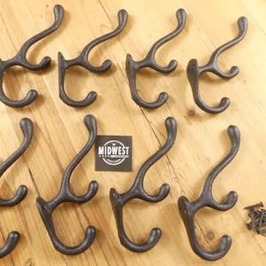 8 Cast Iron Black Hooks Coat Hat Hall Tree Rack Cabin Vintage Farm Ranch Hook Triple Hook - By Midwest Craft House