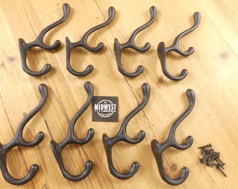 8 Cast Iron Black Hooks Coat Hat Hall Tree Rack Cabin Vintage Farm Ranch Hook Triple Hook - By Midwest Craft House