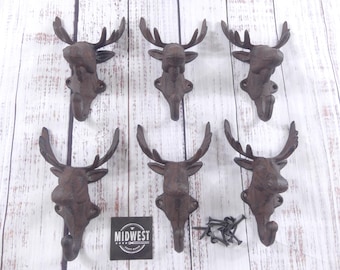 6 Rustic Moose Head Hooks Cast Iron Coat Hook Deer Elk Rack Restoration Hat Hall Tree Hanger Door Wildlife - By Midwest Craft House