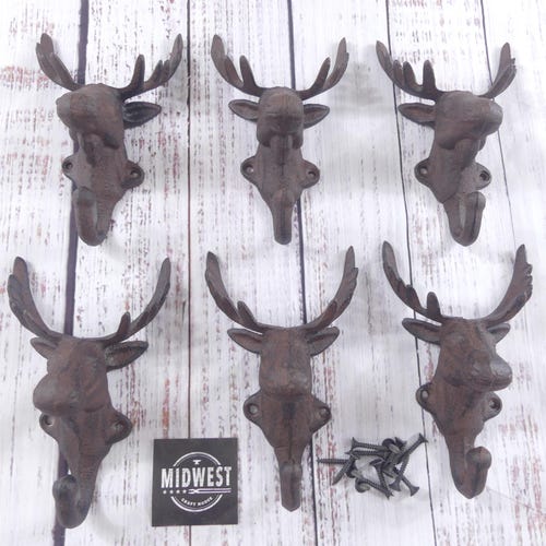 6 crochets rustiques en forme de tête d'orignal patère en fonte chevreuil élan rack restauration chapeau arbre cintre porte faune - par Midwest Craft House