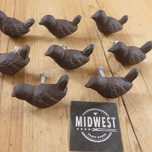 8 Cast Iron Rustic Bird Drawer Pulls Dresser Handles Birds Sparrow Bathroom Kitchen W/ Screws Hardware - By Midwest Craft House
