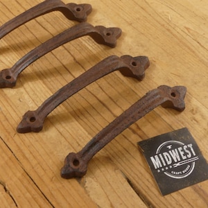 4 Cast Iron Handles, 6&quot; Long, Gate Pulls, Grasp, Rustic Farmhouse, Cabinet Handles, Rustic Brown, Drawer Pulls - By Midwest Craft House