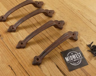 4 Cast Iron Handles, 6" Long, Gate Pulls, Grasp, Rustic Farmhouse, Cabinet Handles, Rustic Brown, Drawer Pulls - By Midwest Craft House