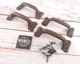 Cast Iron Barn Door Handles - Rustic Brown Drawer Pulls, Set of 4