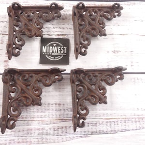 4 Cast Iron Brackets, Antique Style, Rustic Brown Color, Bookshelf, Brace, Corbel, Small 4" X 4", Farmhouse, Corner - By Midwest Craft House