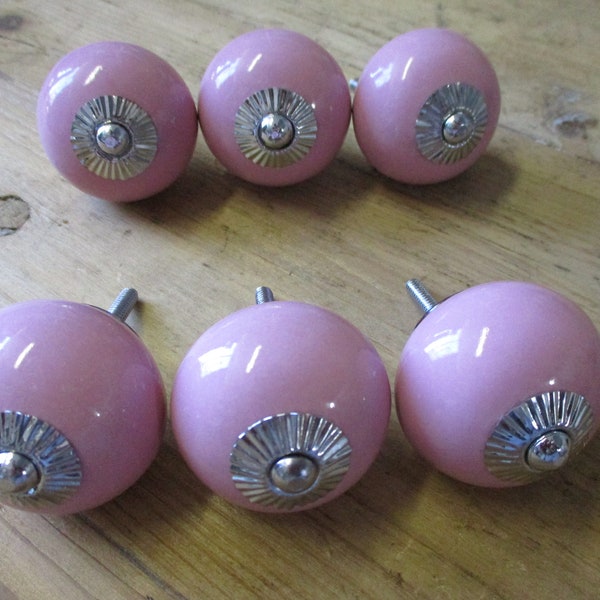 6 CERAMIC KNOBS, Pink, Round, Drawer Pulls, Cabinet Knobs, Bathroom, Kitchen,  Decor, 1.5" Wide