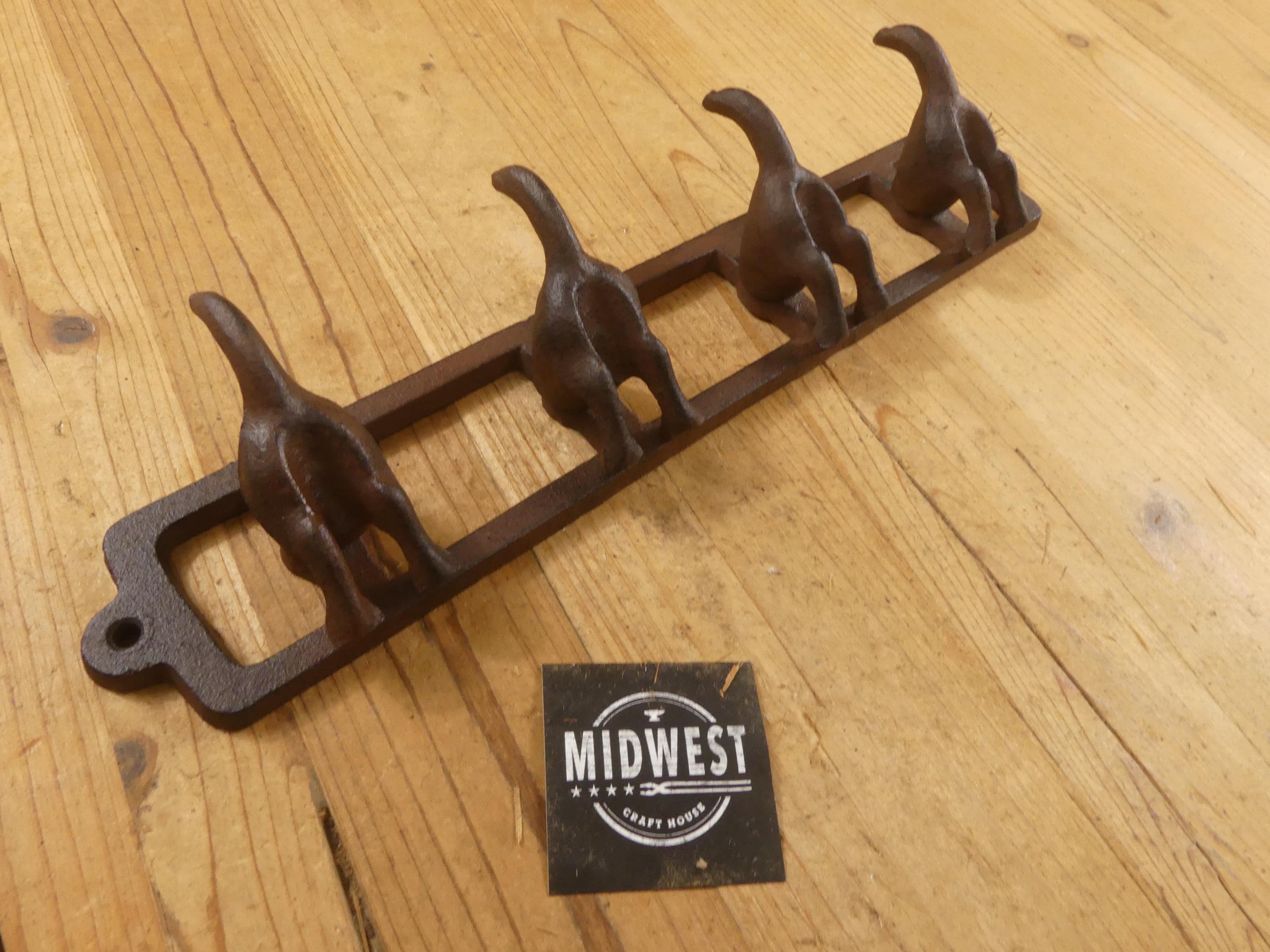 Cast Iron 4 Hook Dog Tail Leash Collar Key Coat Hat Rack Towel Bathroom Entry Way Animal Pet Butt Tale Garage - By Midwest Craft House