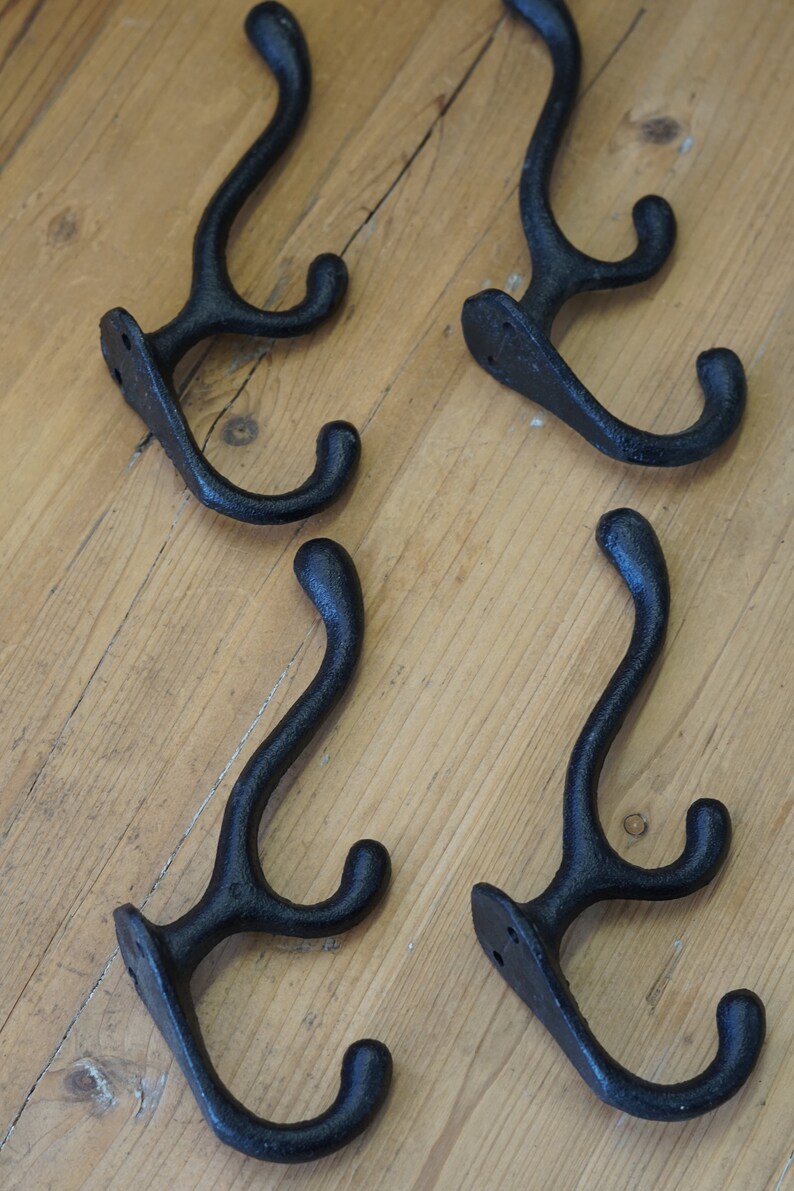 4 Cast Iron Black Hooks Coat Hat Hall Tree Rack Cabin Vintage Farm Ranch Hook Triple Hook image 3