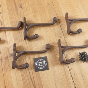 5 Large Double Hooks, Dark Rustic Brown Color, Cast Iron, 5 1/4" Long, Tack, Harness, Hall Tree Entryway - By Midwest Craft House