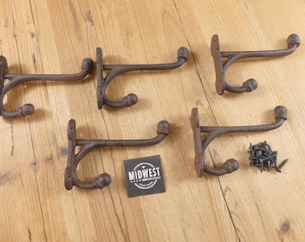5 Large Double Hooks, Dark Rustic Brown Color, Cast Iron, 5 1/4" Long, Tack, Harness, Hall Tree Entryway - By Midwest Craft House