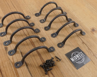 10 FORGED IRON Drawer Bin Pulls, 4 1/4" Long, Cabinet Handles, Kitchen Cupboard, Dresser, Charcuterie Board Handle - By Midwest Craft House