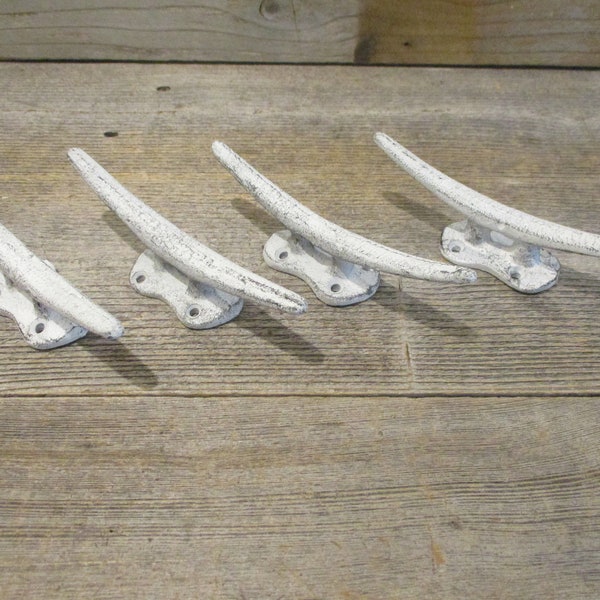 4 Cleat Wall Hooks 5 1/2" Drawer Pulls Boat Ties Wall Decor Coat Hat Entry Way DISTRESSED WHITE COLOR
