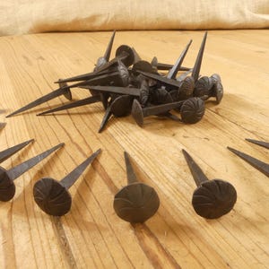 50 IRON CLAVOS Hooks, Nails, Coat Hooks, Hook, Forged, Decorative, Craft Tack 1&quot; Wide 3&quot; Nail Medieval Art - By Midwest Craft House