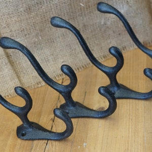 4 Cast Iron Black Hooks Coat Hat Hall Tree Rack Cabin Vintage Farm Ranch Hook Triple Hook image 2