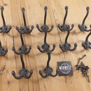 12 Black Cast Iron Hooks, Double Hooks, Wall Mounted Hook, Hall Tree, Entryway, Coat Rack Hooks - By Midwest Craft House
