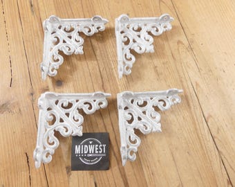 4 Antique Style Brackets, Braces, Corbels, 3 3/4" X 3 3/4", Shelf Brackets, Distressed White - By Midwest Craft House