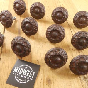 12 CAST IRON Drawer Knobs, Dark Rustic Brown Color, Pulls, Handles, Primitive, Bin Pulls, Cabinet, Dresser Pull - By Midwest Craft House
