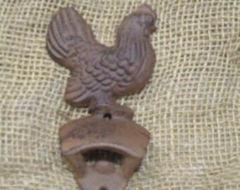 CHICKEN ROOSTER BOTTLE OPENER Cast Iron Wall Mount Country Farm Decor 5 1/2"  d 