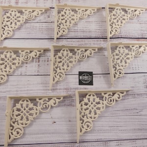 8 White Cast Iron Shelf Brackets, Corbels, Braces, Bookshelf, Distressed White, Porch Brackets, Supports - By Midwest Craft House