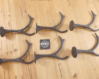 6 Cast Iron Antler Hooks Deer Elk Coat Hat Hall Tree Entry Way Mud Room Tack Storage Garage Cabin - By Midwest Craft House