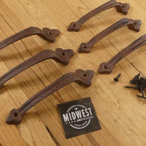 Set of 6 Rustic Farmhouse Cast Iron Handles - Rustic Brown Color - 6" Long - Farmhouse Cabinets, Drawers - By Midwest Craft House