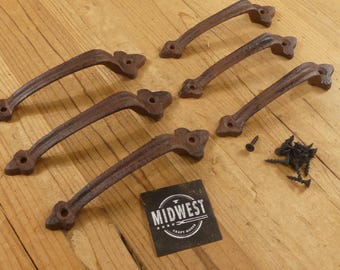 Set of 6 Rustic Farmhouse Cast Iron Handles - Rustic Brown Color - 6" Long - Farmhouse Cabinets, Drawers - By Midwest Craft House