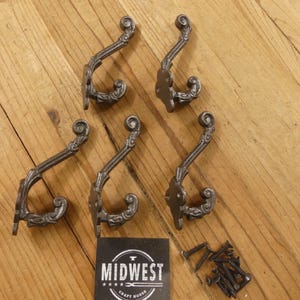 Set of 5, Cast Iron, Small Wall Mounted Hooks, Vintage Inspired, Perfect for Coats, Bags, Hats, Scarfs - By Midwest Craft House
