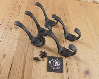 5 Cast Iron Black School Style Coat Hooks, Hat Hook, Hall Tree, Primitive, Mud Room - By Midwest Craft House