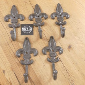Set of 5: Rustic Cast Iron Fleur De Lis Coat Hooks