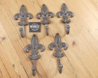Set of 5: Rustic Cast Iron Fleur De Lis Coat Hooks