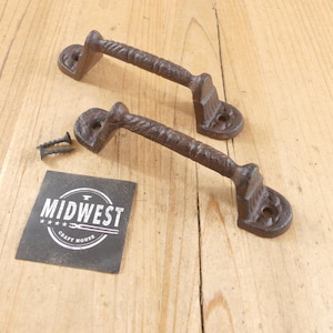 2 Cast Iron Handles, Door Pulls, 5 3/8" Long, Handles, Supply, Cabinet Pulls, Gate Handle, Screws Included - By Midwest Craft House - Rustic