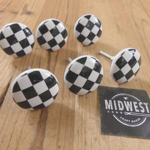 6 CERAMIC KNOBS, Checkered, Home Bar, Drawer Pulls, Cabinet Knobs, Checker, Knobs, Handles, Dresser Knob - By Midwest Craft House