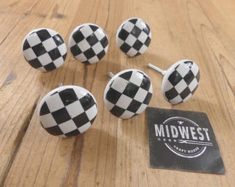 6 CERAMIC KNOBS, Checkered, Home Bar, Drawer Pulls, Cabinet Knobs, Checker, Knobs, Handles, Dresser Knob - By Midwest Craft House